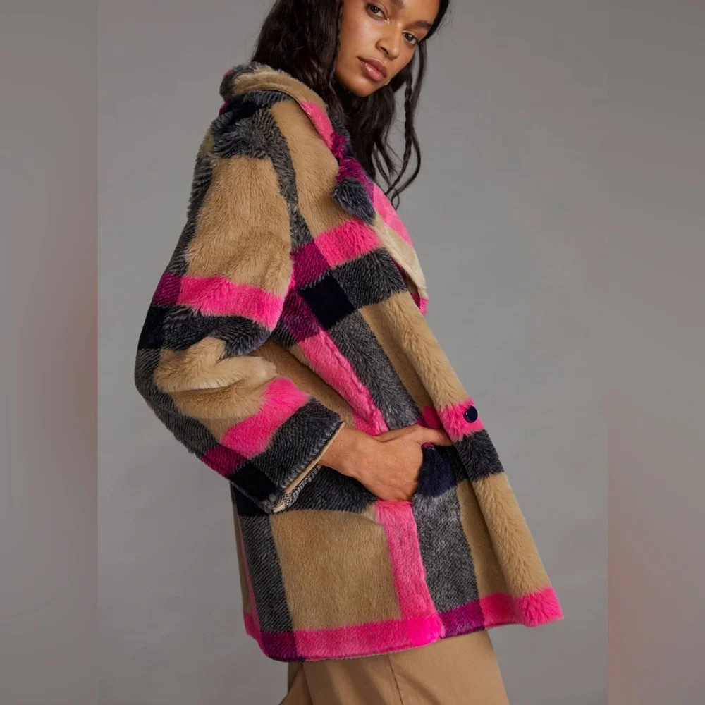 Anthropology Villagalo fake fur plaid coat - Picture 2 of 9